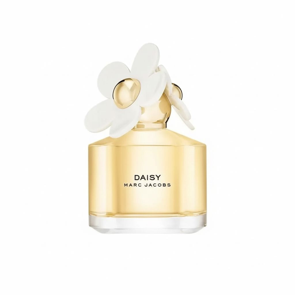 Marc Jacobs Daisy perfume bottle with white flowers on a white background