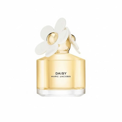 Marc Jacobs Daisy perfume bottle with white flowers on a white background