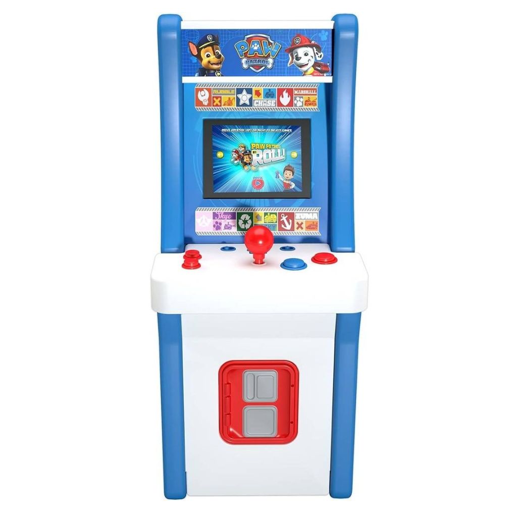 Children's toy arcade machine with a screen and buttons on a white background