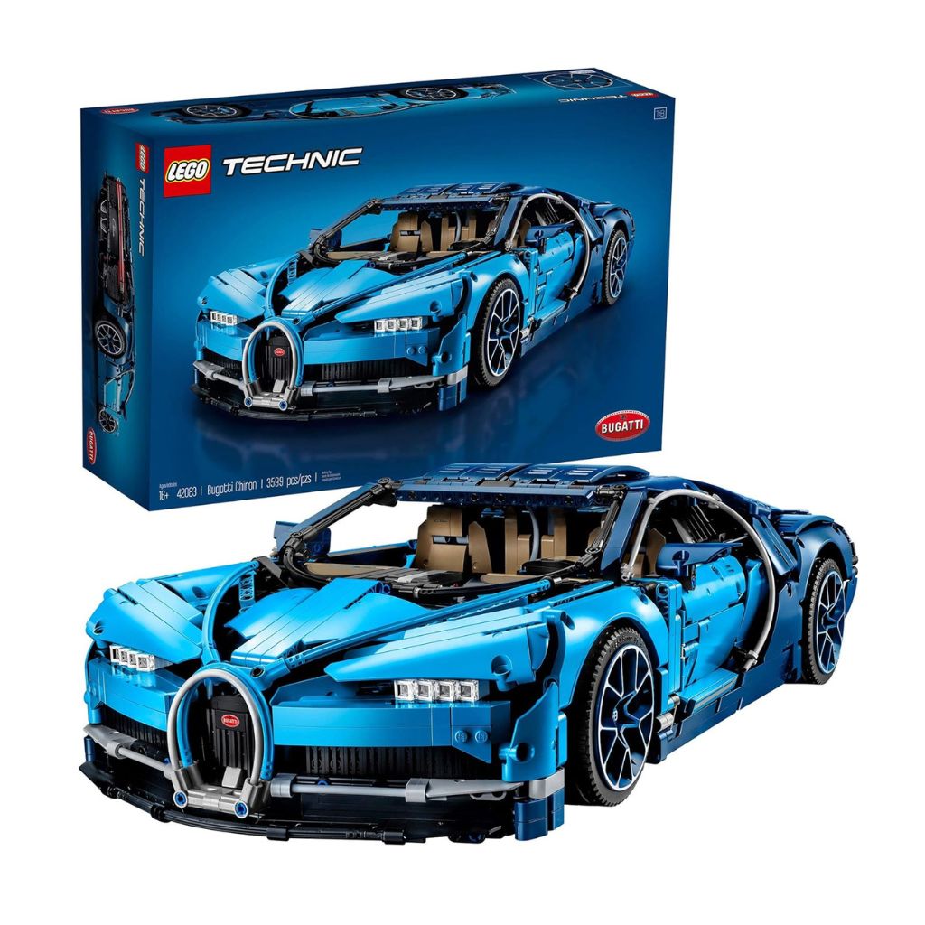 LEGO Technic Bugatti Chiron model and packaging on a white background