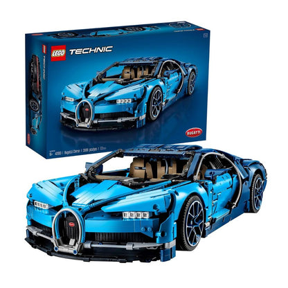 LEGO Technic Bugatti Chiron model and packaging on a white background