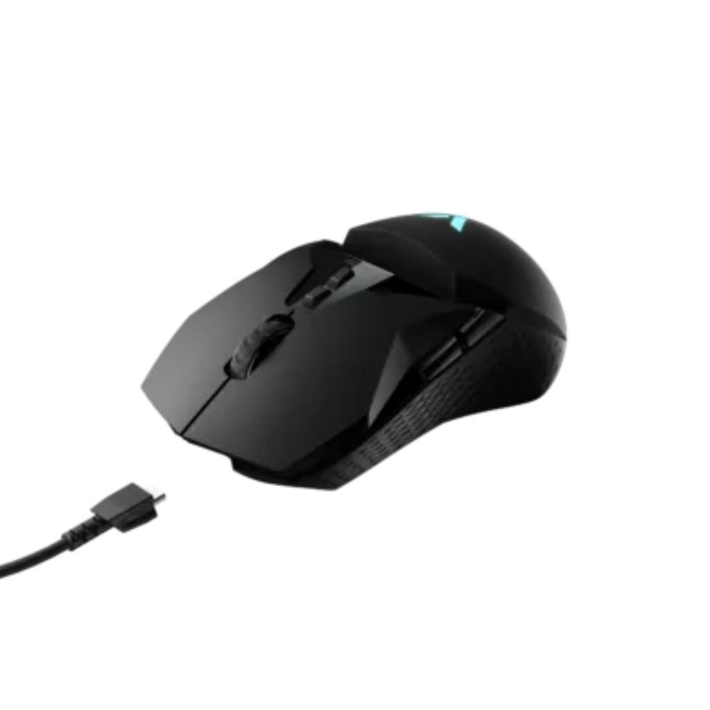 Black gaming mouse with USB cable on a white background
