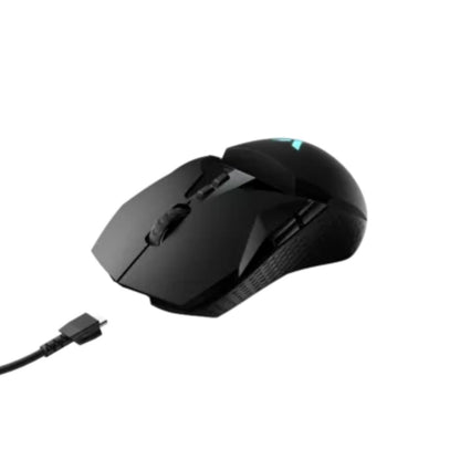 Black gaming mouse with USB cable on a white background