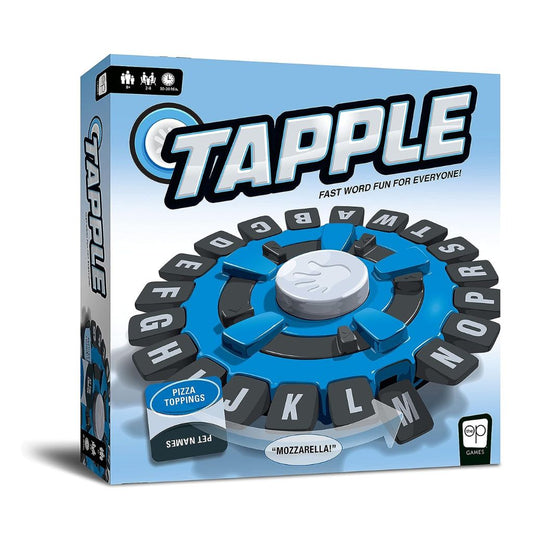 Tapple board game packaging with spinning wheel and letter tiles on a light blue background