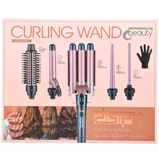 Curling wand packaging with product images and branding on a pink background