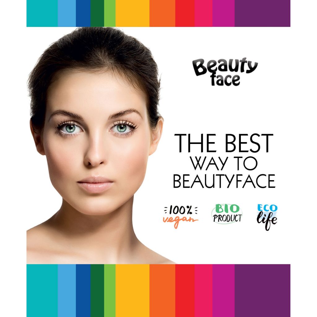 Advertisement for 'Beauty face' with a woman's face and color swatches on a white background