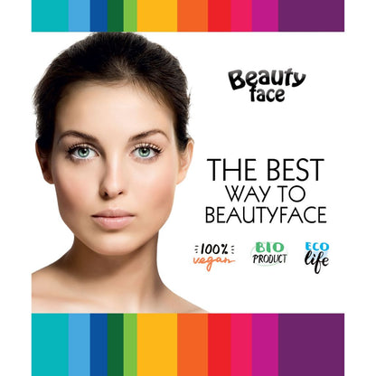 Advertisement for 'Beauty face' with a woman's face and color swatches on a white background