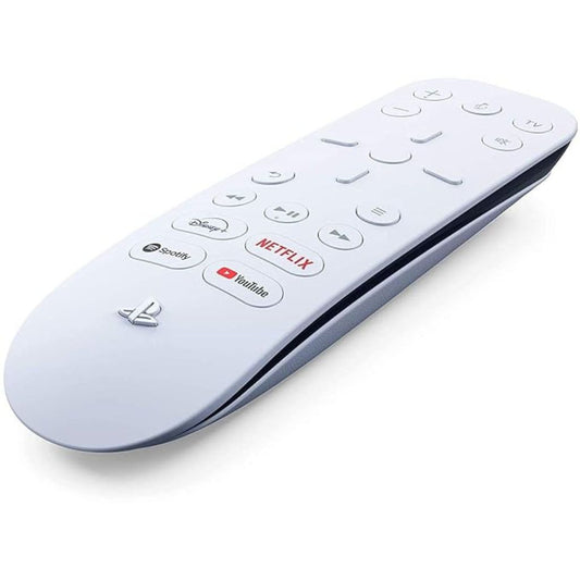 White remote control with various app icons on a white background