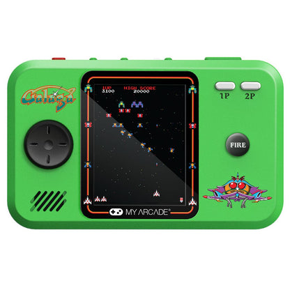 Green handheld gaming console with a screen displaying an arcade game, on a white background.