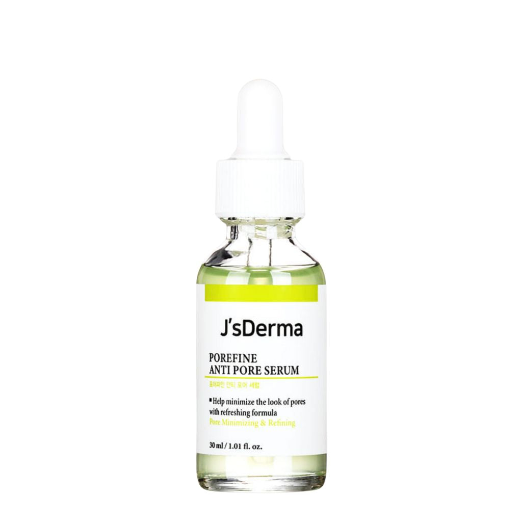 JsDerma porefining serum bottle on a white background