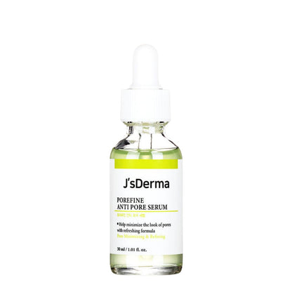 JsDerma porefining serum bottle on a white background