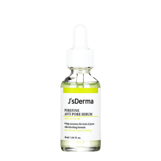 JsDerma porefining serum bottle on a white background