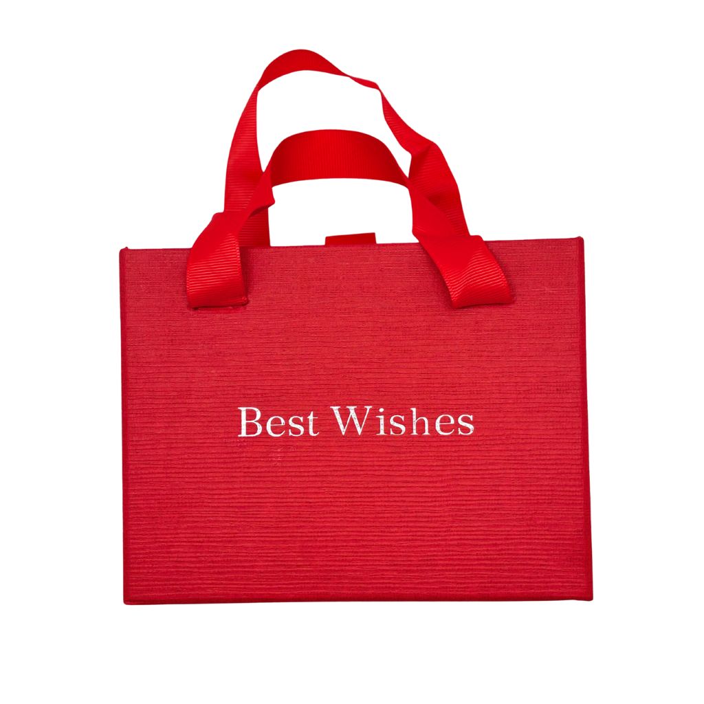 Red tote bag with 'Best Wishes' text on a white background