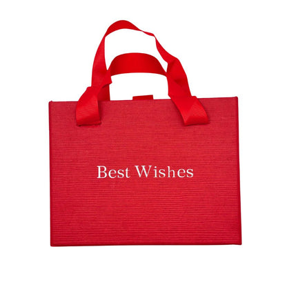 Red tote bag with 'Best Wishes' text on a white background