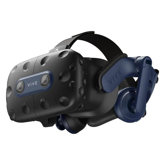 Black VR headset with blue accents on a white background