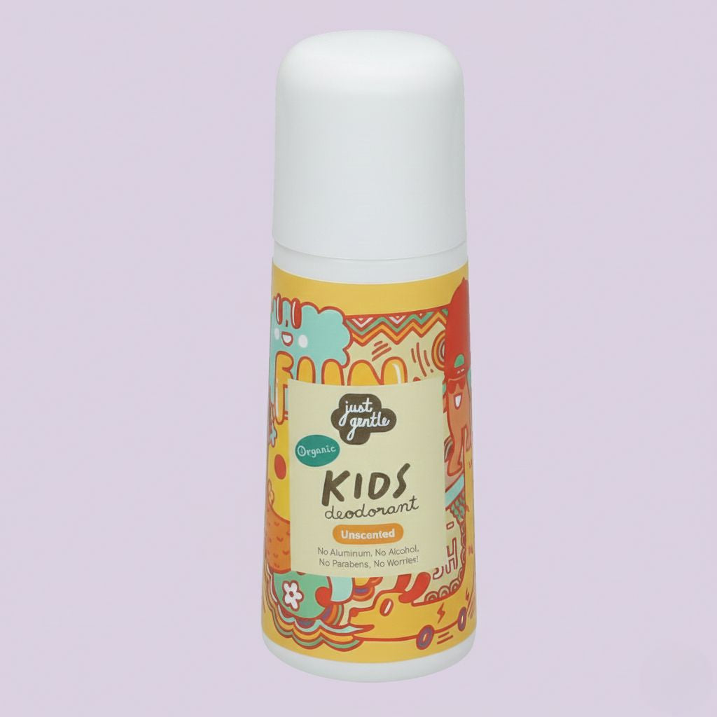 Children's deodorant bottle with colorful label on a light purple background