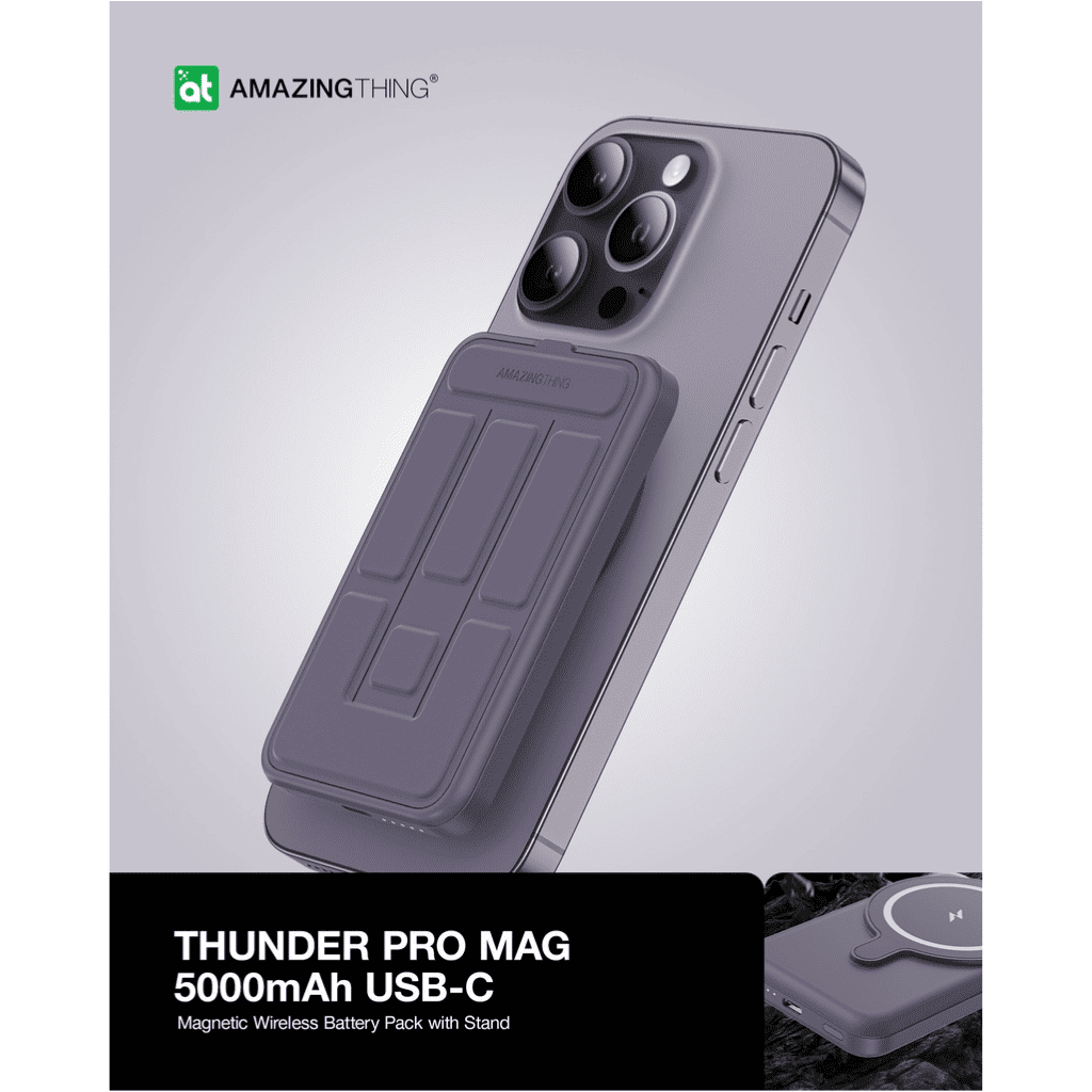 Phone case with magnetic wireless battery pack and stand on a light gray background, featuring the 'Amazing Thing' brand.