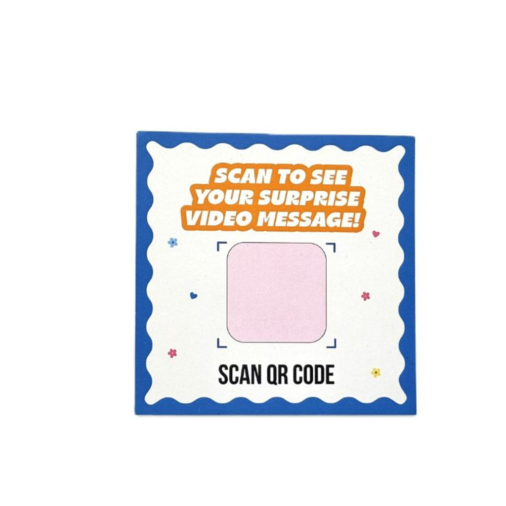 QR code sticker with text 'Scan to see your surprise video message!' on a white background