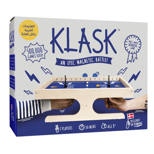 Box of KLASK magnetic battle game with branding and product image.