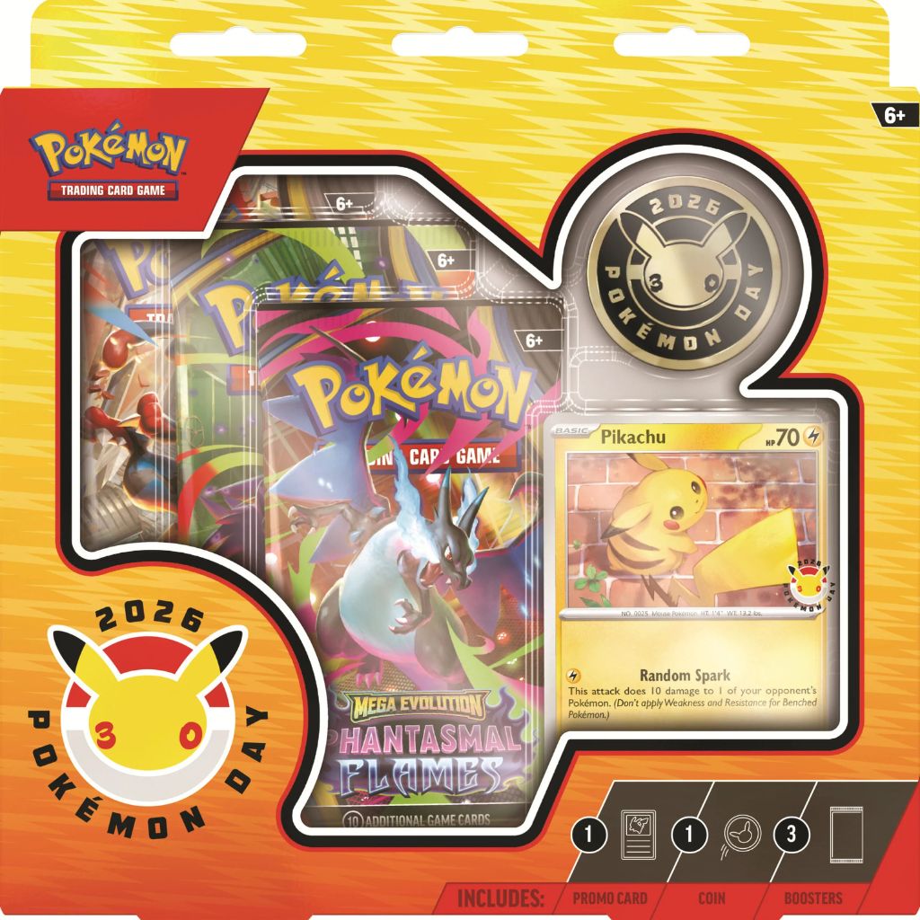 Pokémon trading card game packaging with cards and a Pikachu card on a yellow background