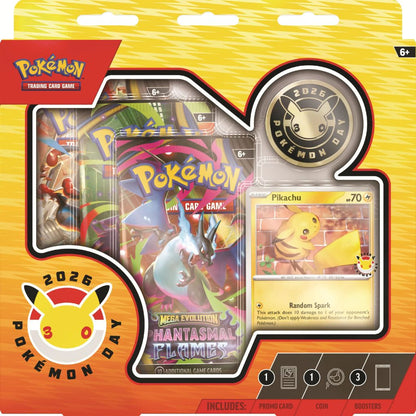 Pokémon trading card game packaging with cards and a Pikachu card on a yellow background