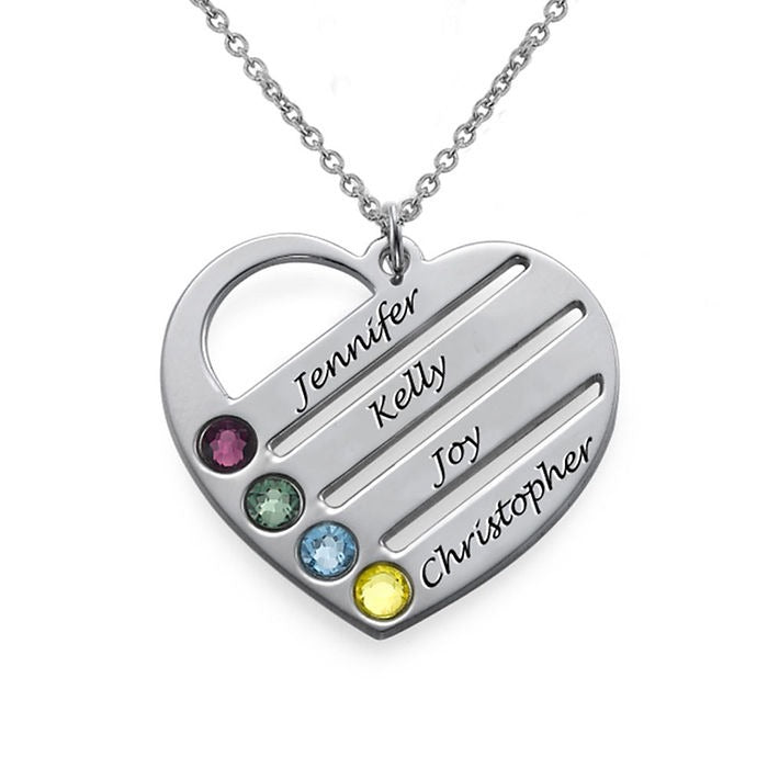 Angled Design Engraved Names Heart Necklace With Birthstones
