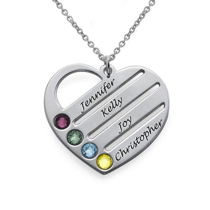 Angled Design Engraved Names Heart Necklace With Birthstones