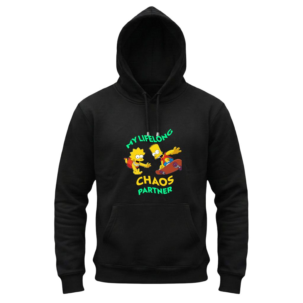 Black hoodie with cartoon characters and text on a white background