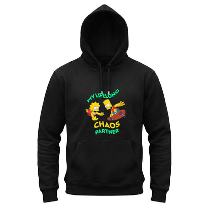 Black hoodie with cartoon characters and text on a white background