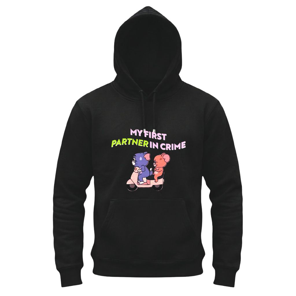 Black hoodie with cartoon characters and text 'My First Partner in Crime' on a white background