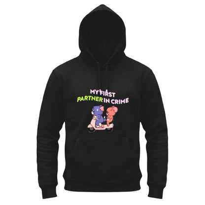 Black hoodie with cartoon characters and text 'My First Partner in Crime' on a white background