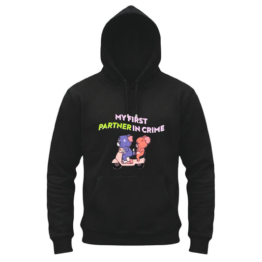 Black hoodie with cartoon characters and text 'My First Partner in Crime' on a white background