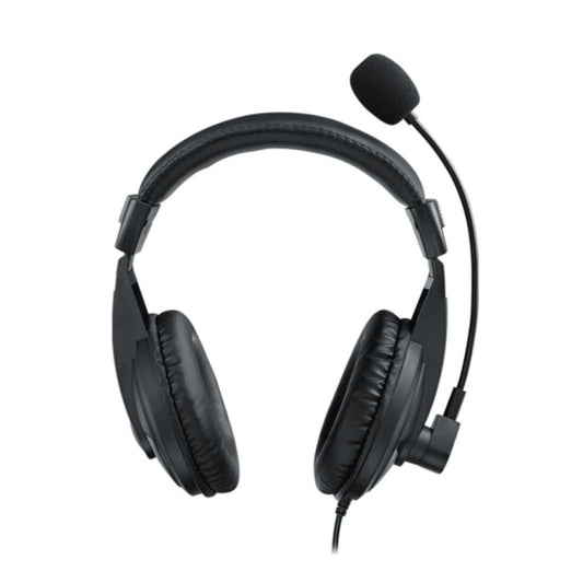 Black headset with microphone on a white background