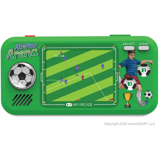 Handheld gaming console with soccer game displayed on screen, branded 'All-Star Arena'.
