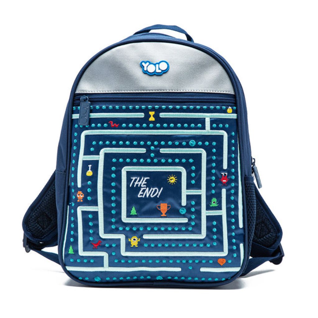 Backpack with video game design and 'YOLO' logo on a white background