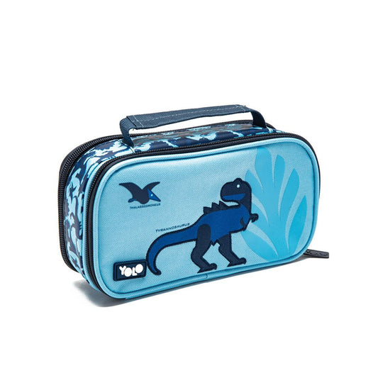 Blue pencil case with dinosaur design on a white background