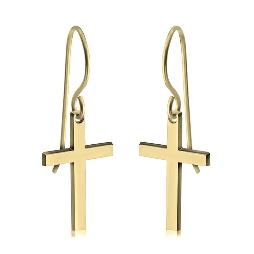 Gold cross earrings on a white background