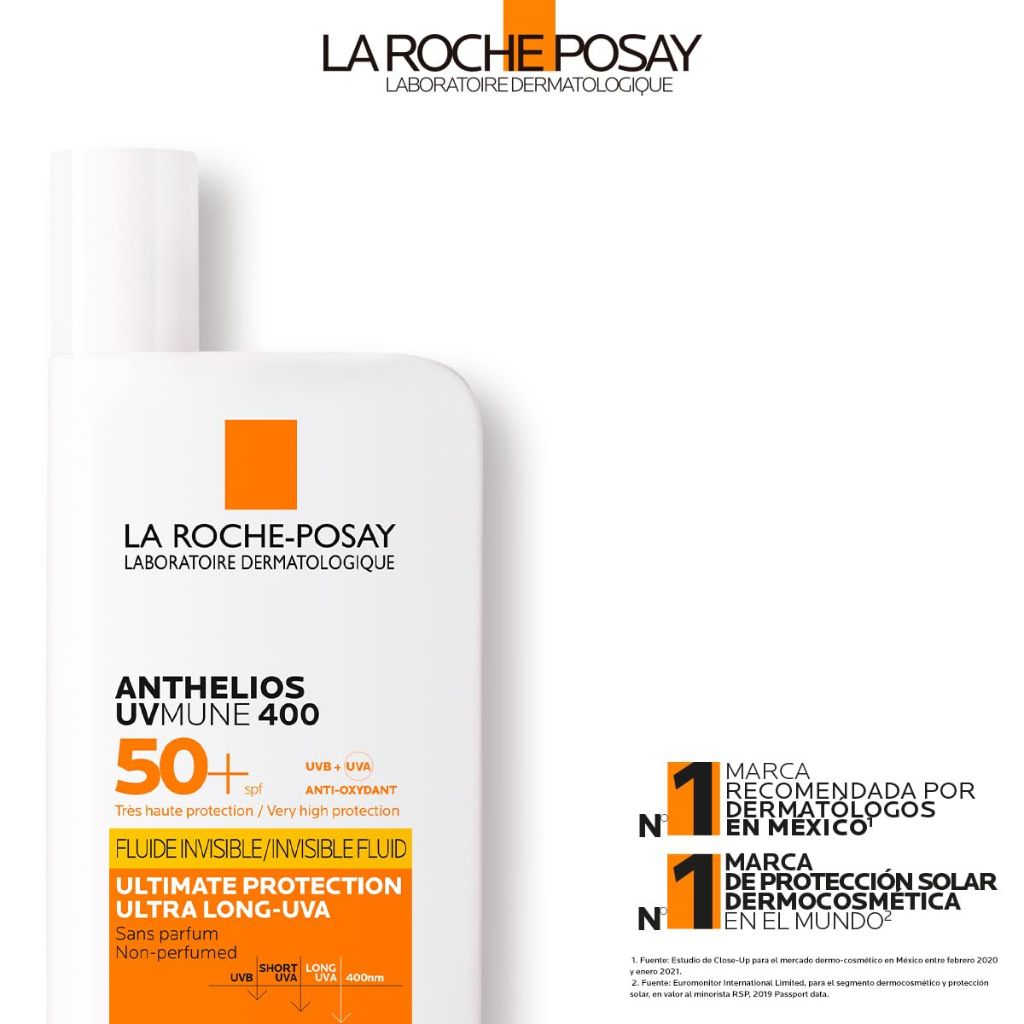 La Roche-Posay sunscreen bottle with branding and product details on a white background