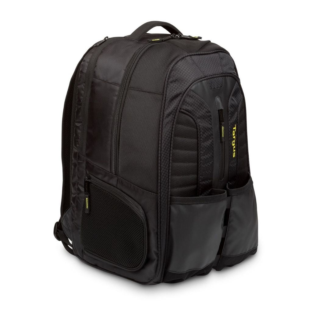 Black backpack with multiple pockets on a white background