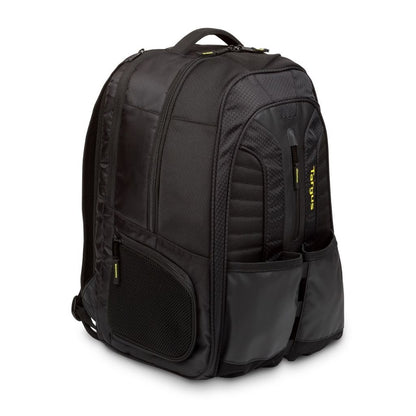 Black backpack with multiple pockets on a white background