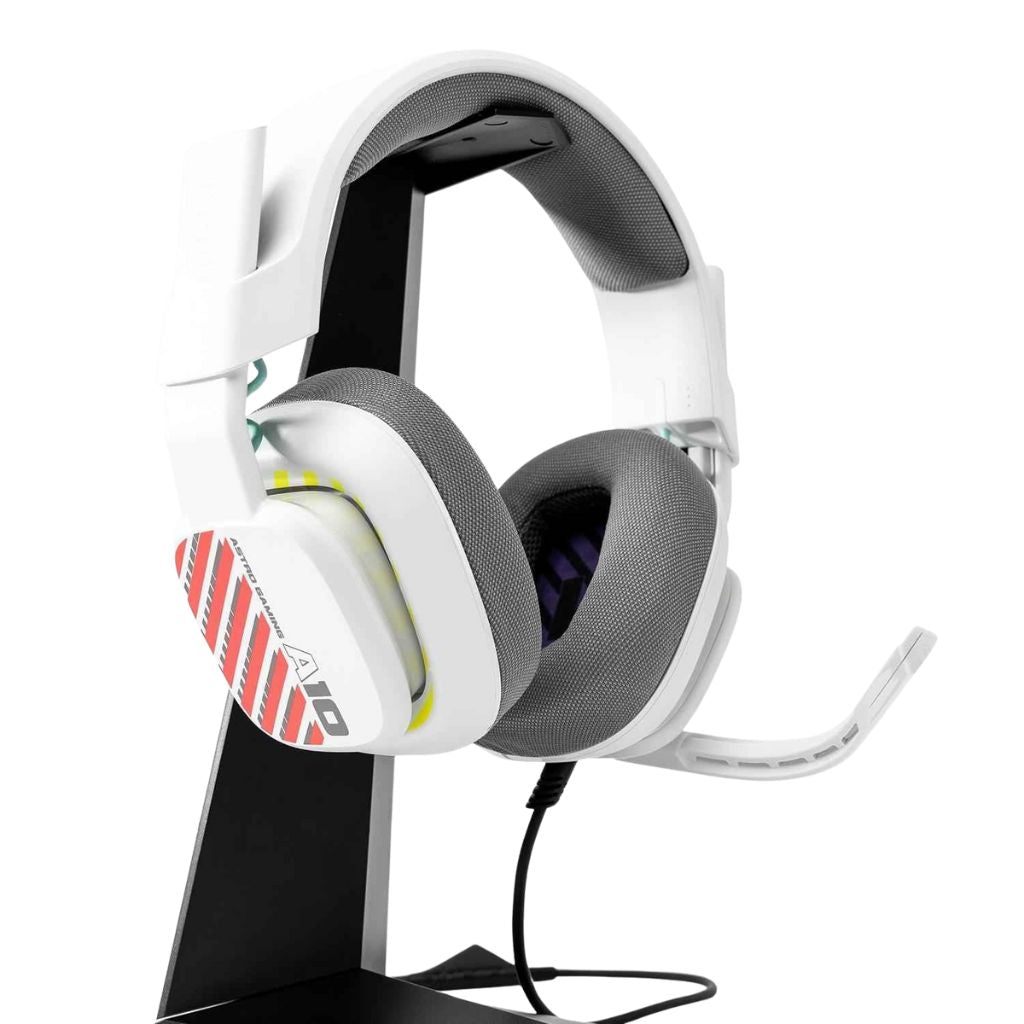 White gaming headset with red and yellow accents on a white background