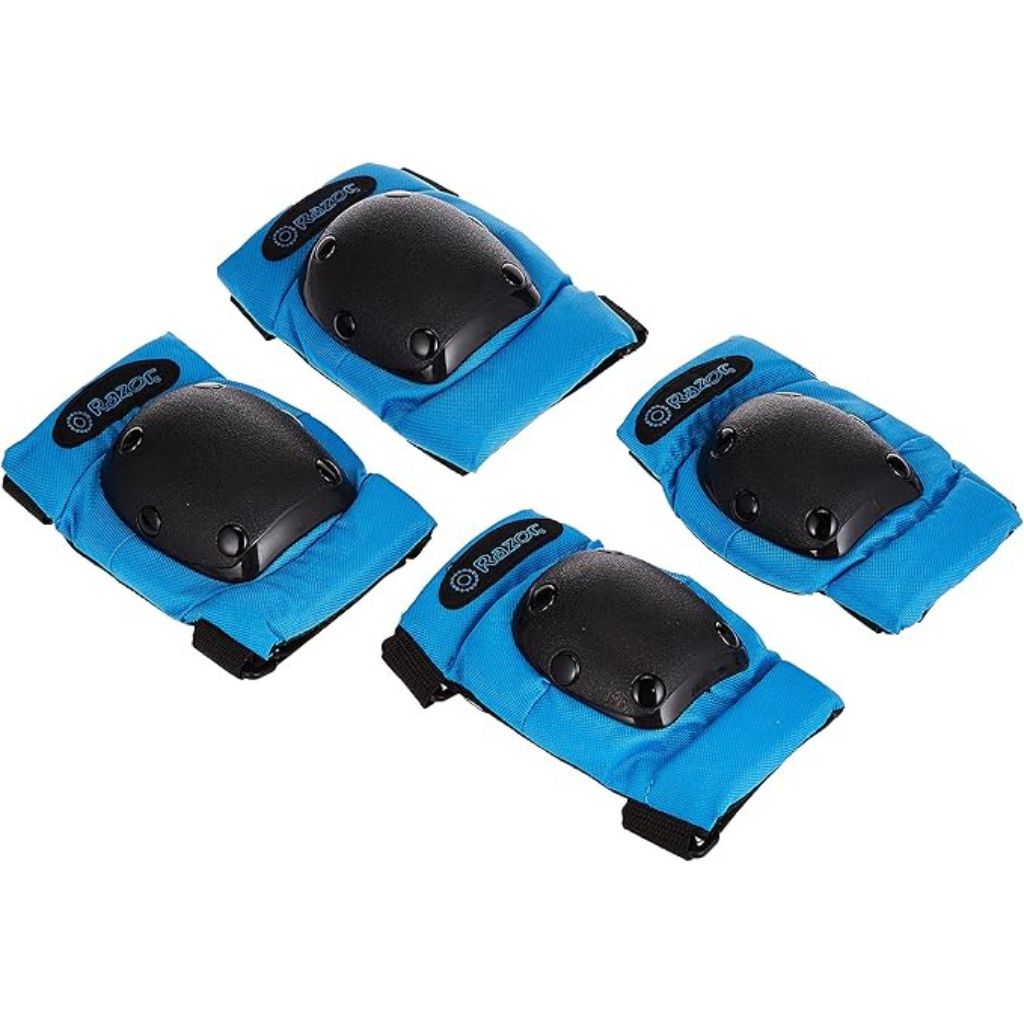 Set of four blue knee pads with black cushions on a white background