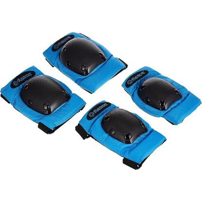 Set of four blue knee pads with black cushions on a white background