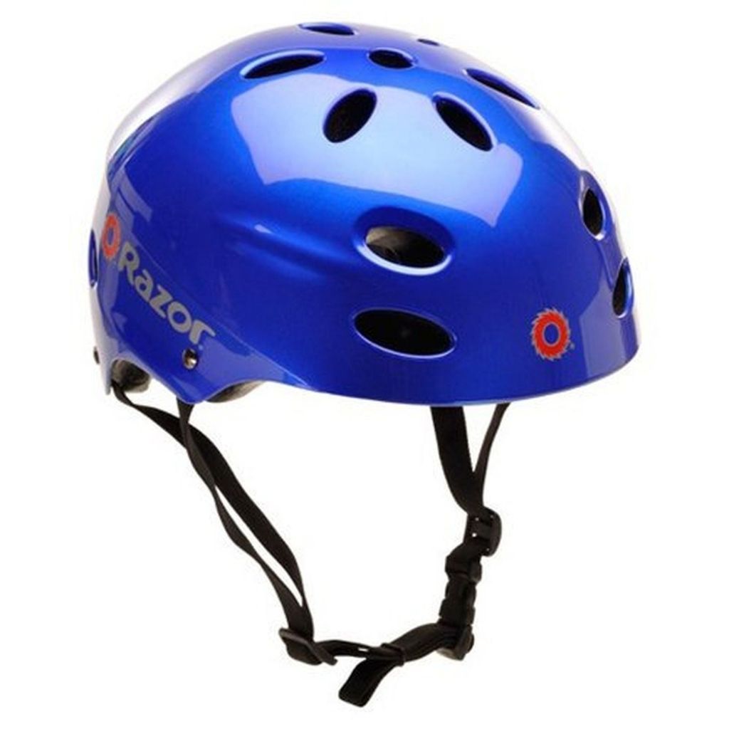 Blue helmet with 'Razor' branding on a white background