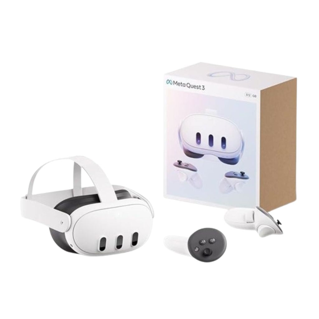 Oculus Quest 2 VR headset and controller with packaging on a white background
