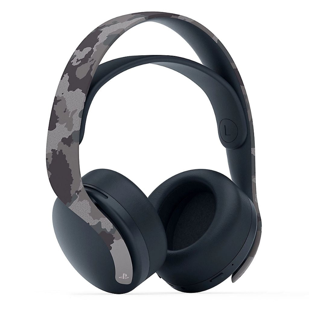 Black over-ear headphones with camouflage pattern on the headband on a white background