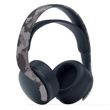 Black over-ear headphones with camouflage pattern on the headband on a white background