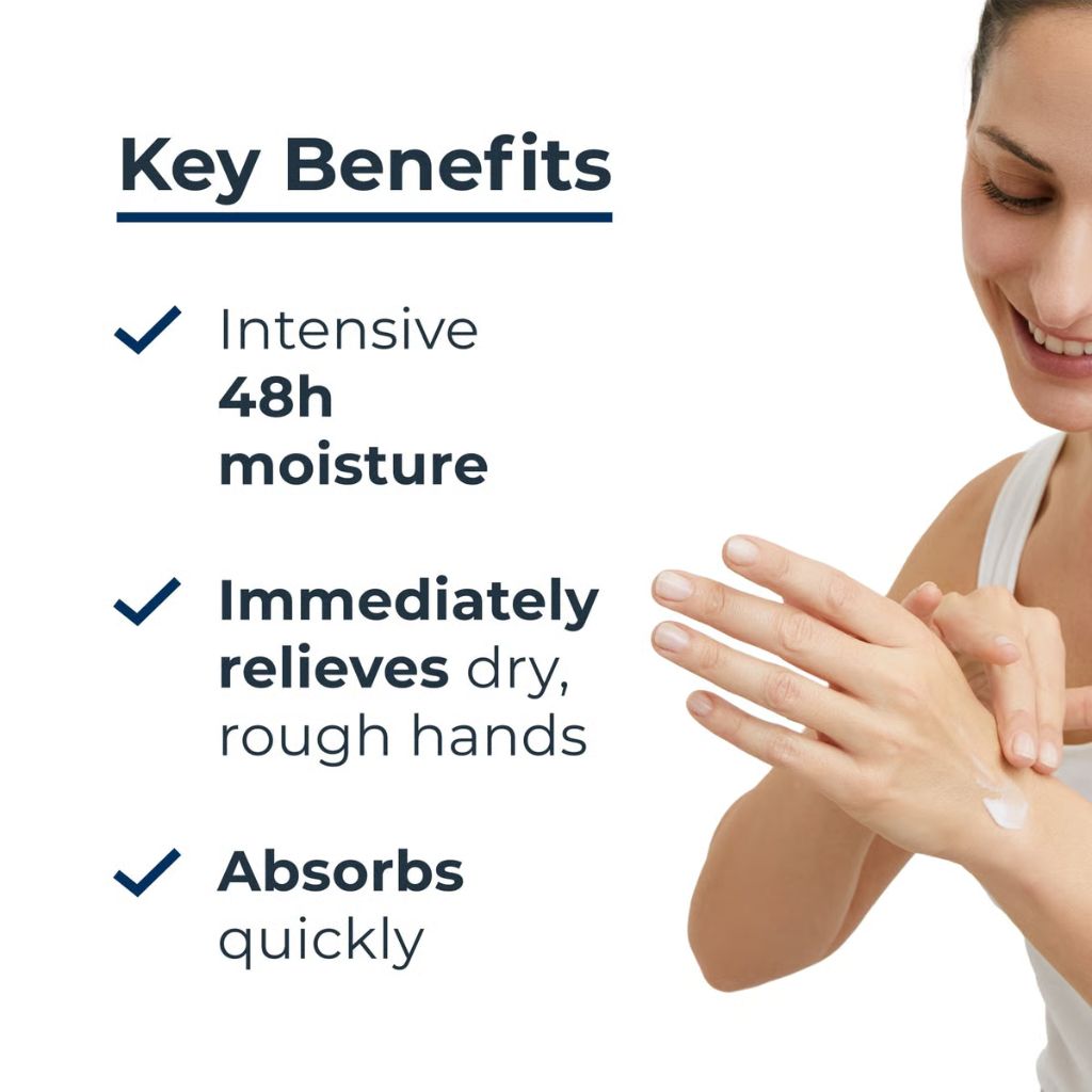 Woman applying cream to her hand with key benefits listed on a white background
