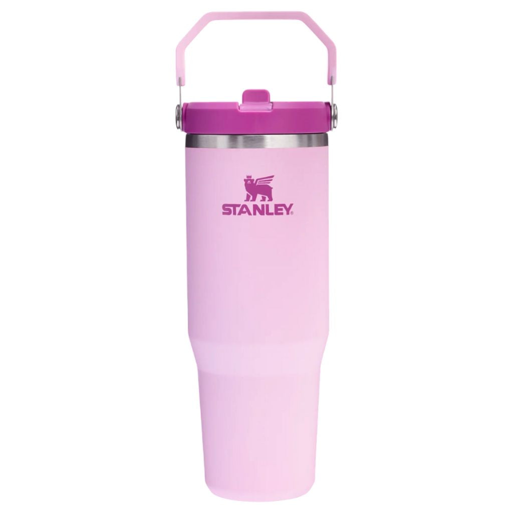 Pink Stanley water bottle with a white background