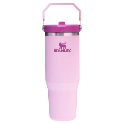 Pink Stanley water bottle with a white background